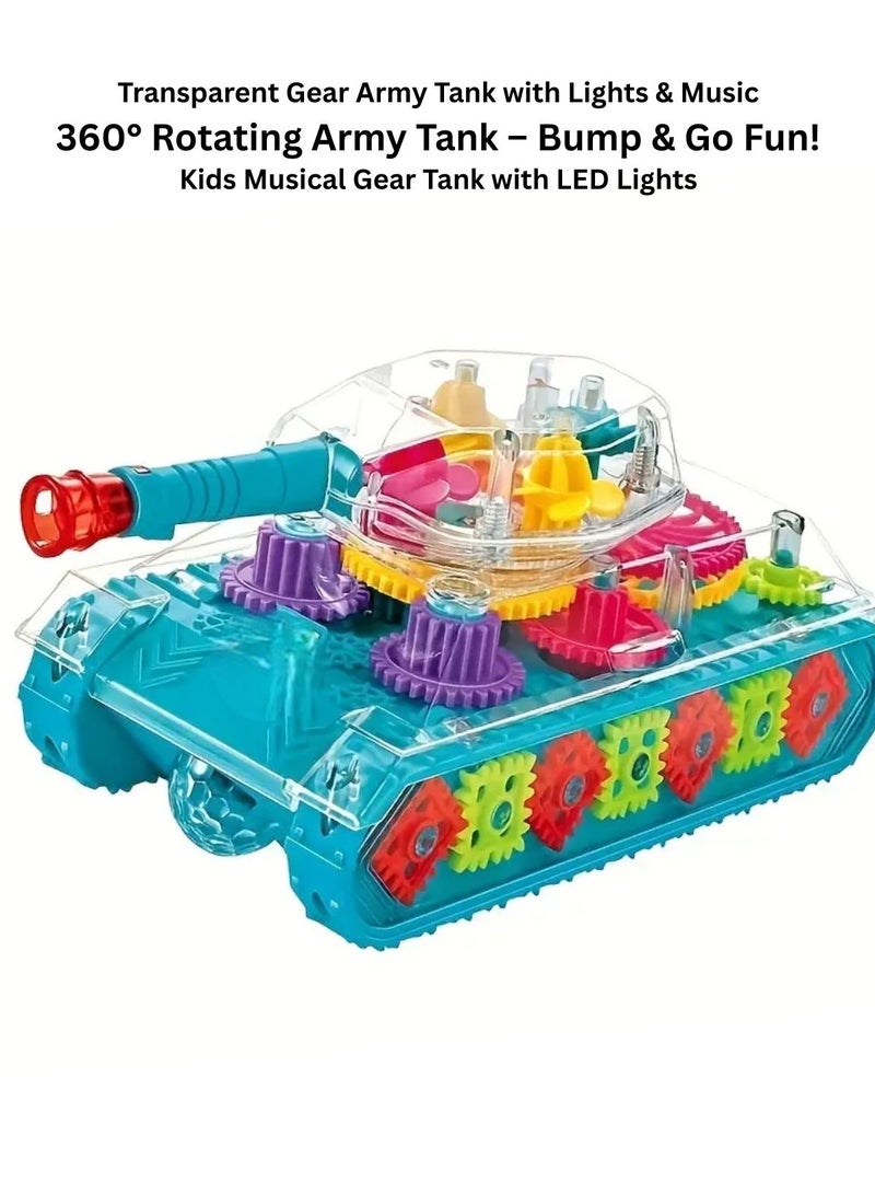 Musical Transparent Army Gear Tank Toy with Flashing Lights and Automatic Rotation – Fun Bump & Go Tank for Boys & Girls - Image 1