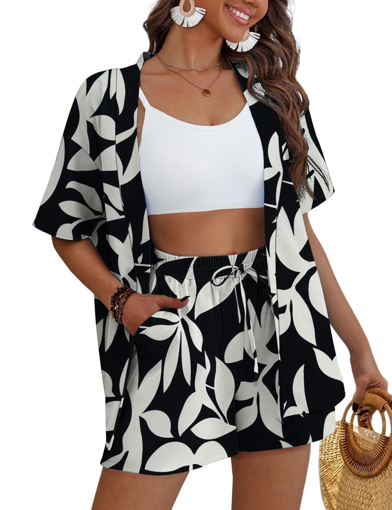 REDHOTYPE Women's Vacation Outfits Cover Ups Tropical Print Shorts Set Kimono Style Summer Beachwear,Black,Large - Image 1