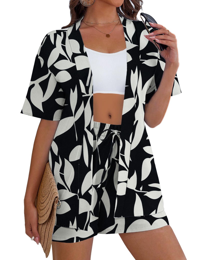 REDHOTYPE Women's Vacation Outfits Cover Ups Tropical Print Shorts Set Kimono Style Summer Beachwear,Black,Large - Image 3