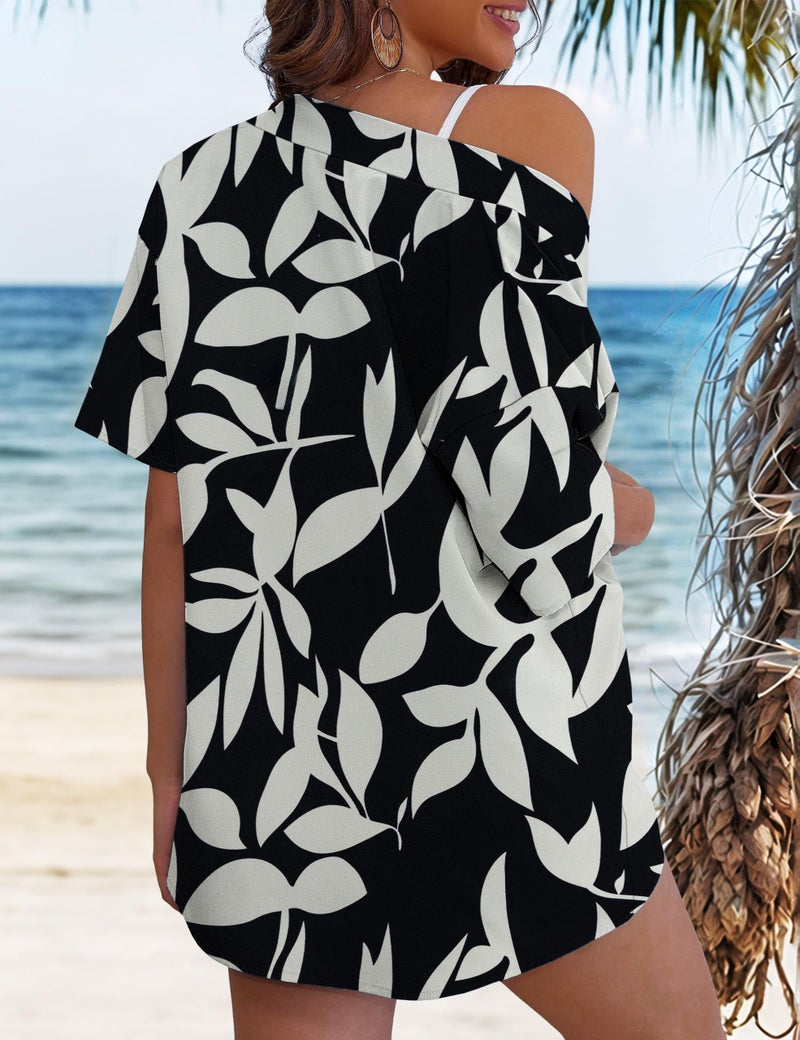 REDHOTYPE Women's Vacation Outfits Cover Ups Tropical Print Shorts Set Kimono Style Summer Beachwear,Black,Large - Image 5
