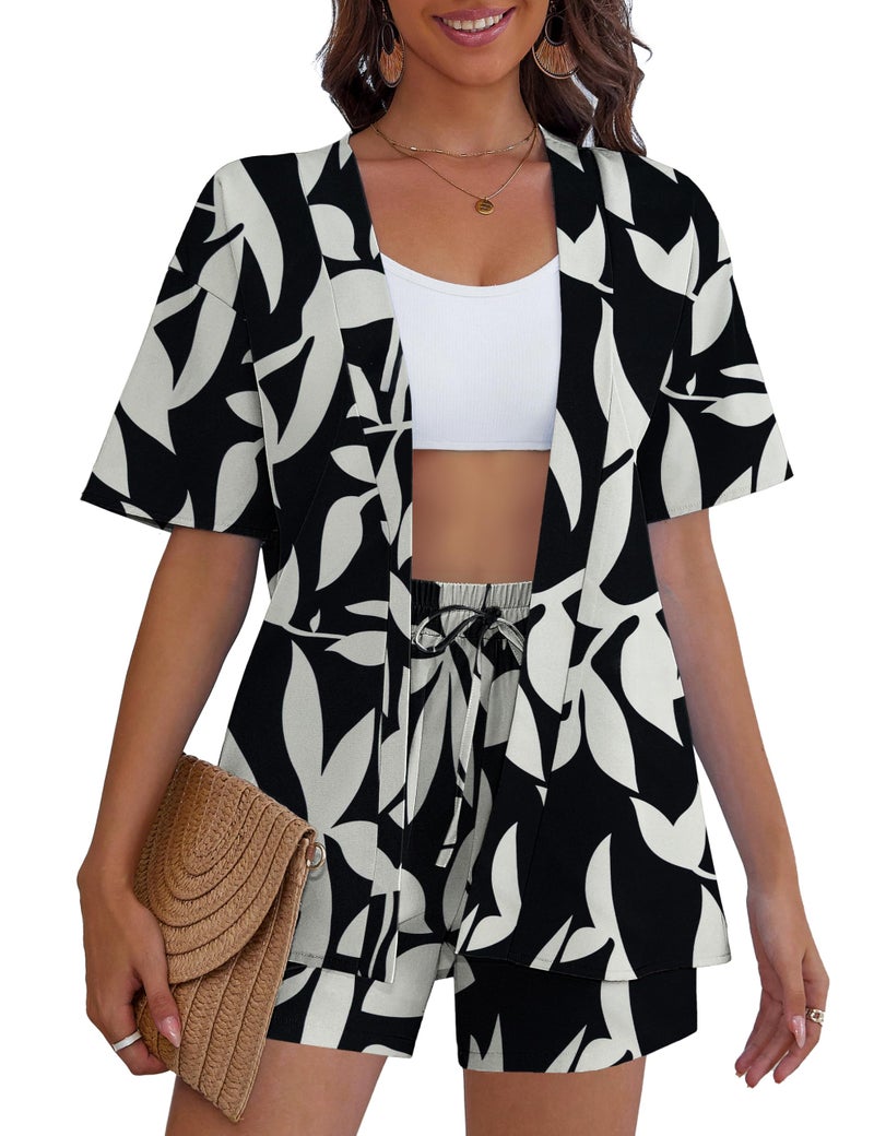 REDHOTYPE Women's Vacation Outfits Cover Ups Tropical Print Shorts Set Kimono Style Summer Beachwear,Black,Large - Image 2