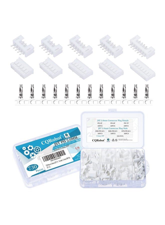 CQRobot JST PH 2.0 mm Pitch 5-Pin/6-Pin/7-Pin Electronic Connector IC Male Plugs, Female Sockets Housing and T-Shaped Crimp Terminal Kit. 90 Sets/730 Pieces Wire-to-Board Adapter Cable Assembly. - Image 1