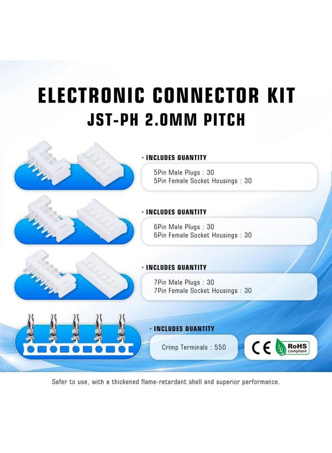 CQRobot JST PH 2.0 mm Pitch 5-Pin/6-Pin/7-Pin Electronic Connector IC Male Plugs, Female Sockets Housing and T-Shaped Crimp Terminal Kit. 90 Sets/730 Pieces Wire-to-Board Adapter Cable Assembly. - Image 2