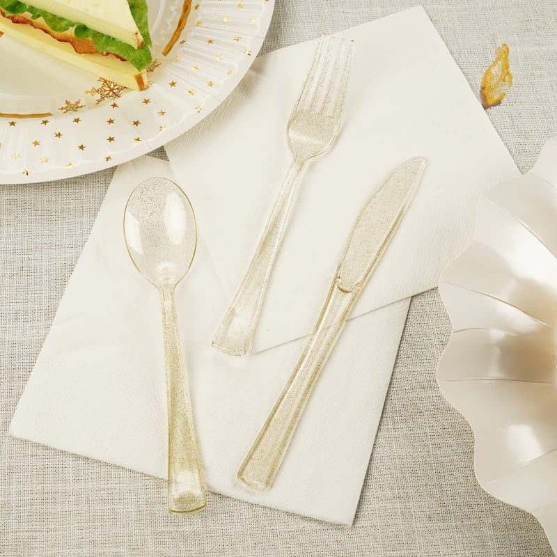 hapray 180PCS Gold Plastic Silverware Set  Disposable Glitter Gold Cutlery  Flatware Set  60 Gold Forks  60 Gold Spoons  60 Gold Knives  Fancy Party Utensils for Christmas - Image 4