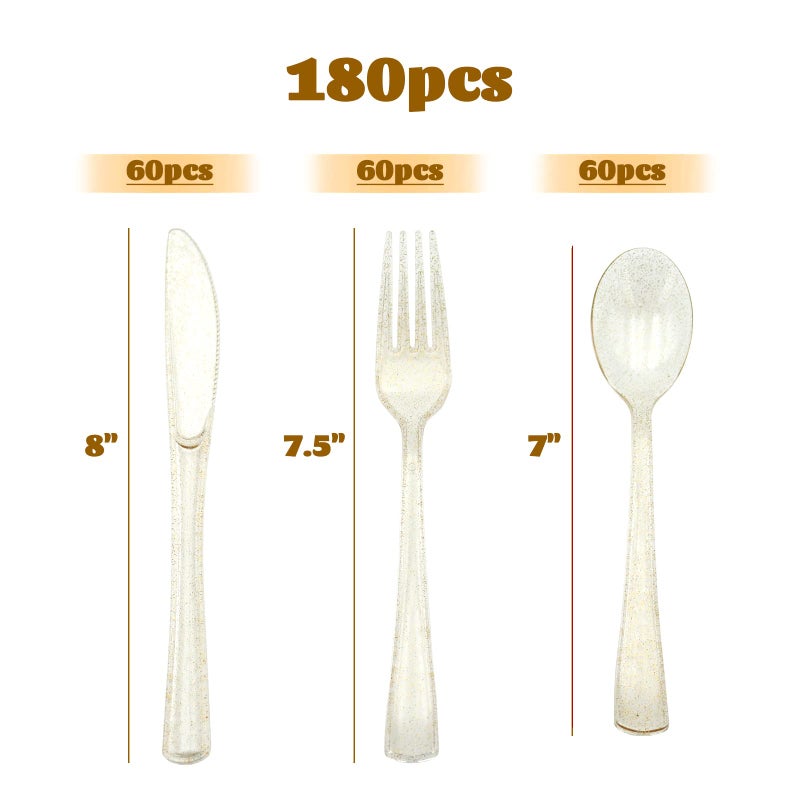 hapray 180PCS Gold Plastic Silverware Set  Disposable Glitter Gold Cutlery  Flatware Set  60 Gold Forks  60 Gold Spoons  60 Gold Knives  Fancy Party Utensils for Christmas - Image 2