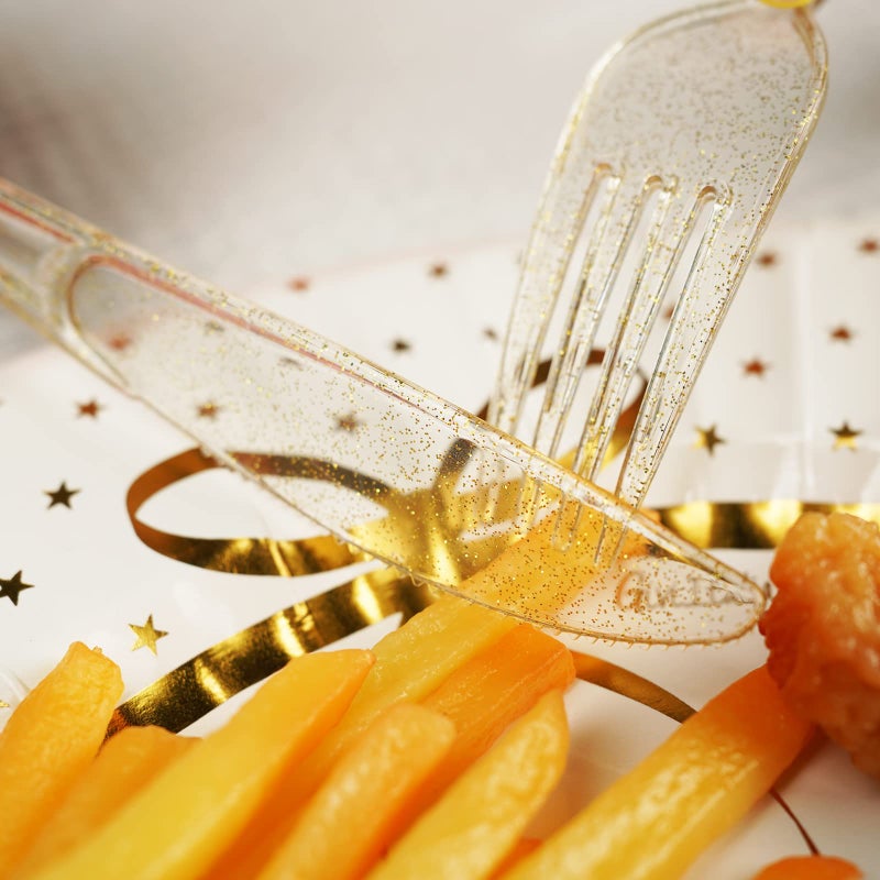 hapray 180PCS Gold Plastic Silverware Set  Disposable Glitter Gold Cutlery  Flatware Set  60 Gold Forks  60 Gold Spoons  60 Gold Knives  Fancy Party Utensils for Christmas - Image 3