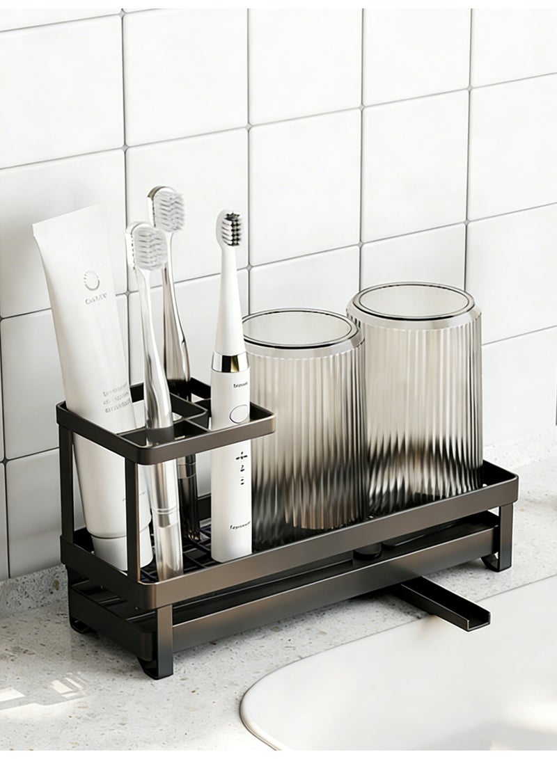 Genie Jar Bathroom Countertop Organizer with Drain Tray, Toothbrush Holder & Cup Storage Rack, Multi-Compartment Sink Organizer with Drain Outlet for Skincare & Accessories - Image 1