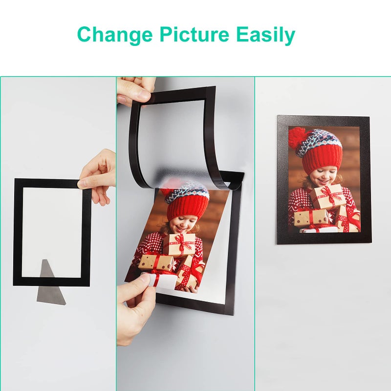 CRUGLA 5x7 Magnetic Picture Frames for Refrigerator 8 Packs  Modified Magnetic Sheet with Self Adhesive Backing  Black 5 by 7 Magnetic Photo Frame Set for Glass Window Door Cubicle - Image 3