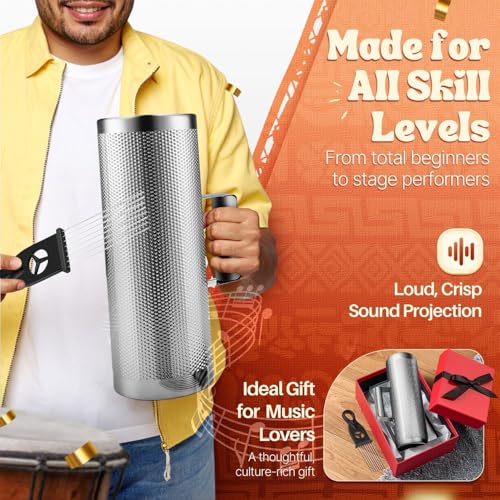 Flexzion Metal Guiro with Scraper Shack 5" x 12" - Merengue Guira Dominicana - Round Cylinder Stainless Steel Hand Musical Instrument Percussion for Jazz Bands, Concerts, and Live Performances - Image 5