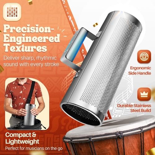 Flexzion Metal Guiro with Scraper Shack 5" x 12" - Merengue Guira Dominicana - Round Cylinder Stainless Steel Hand Musical Instrument Percussion for Jazz Bands, Concerts, and Live Performances - Image 3