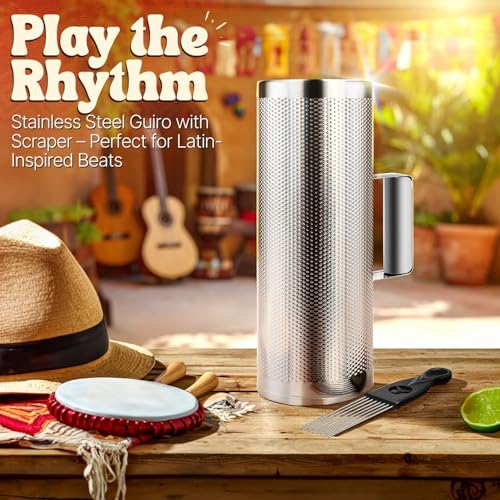 Flexzion Metal Guiro with Scraper Shack 5" x 12" - Merengue Guira Dominicana - Round Cylinder Stainless Steel Hand Musical Instrument Percussion for Jazz Bands, Concerts, and Live Performances - Image 2