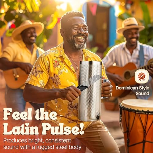 Flexzion Metal Guiro with Scraper Shack 5" x 12" - Merengue Guira Dominicana - Round Cylinder Stainless Steel Hand Musical Instrument Percussion for Jazz Bands, Concerts, and Live Performances - Image 4