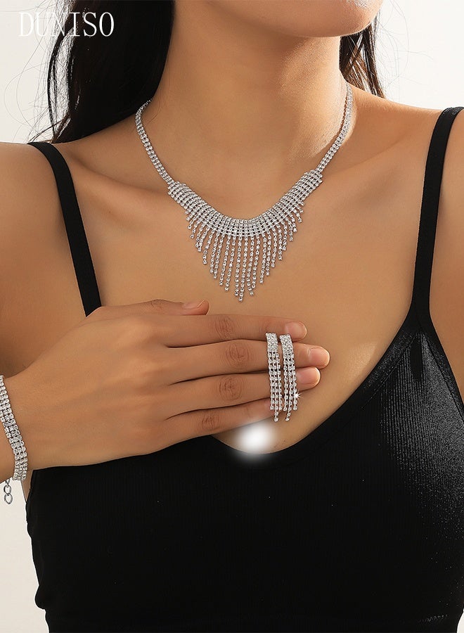 DUNISO 3Piece Jewelry Set With Necklace Bracelet and Earrings Full Diamond V Neck Necklace Crystal Earrings Wedding Bridal Bridesmaid Costume Jewelry Set for Women and Girls Dress Accessories - Image 5