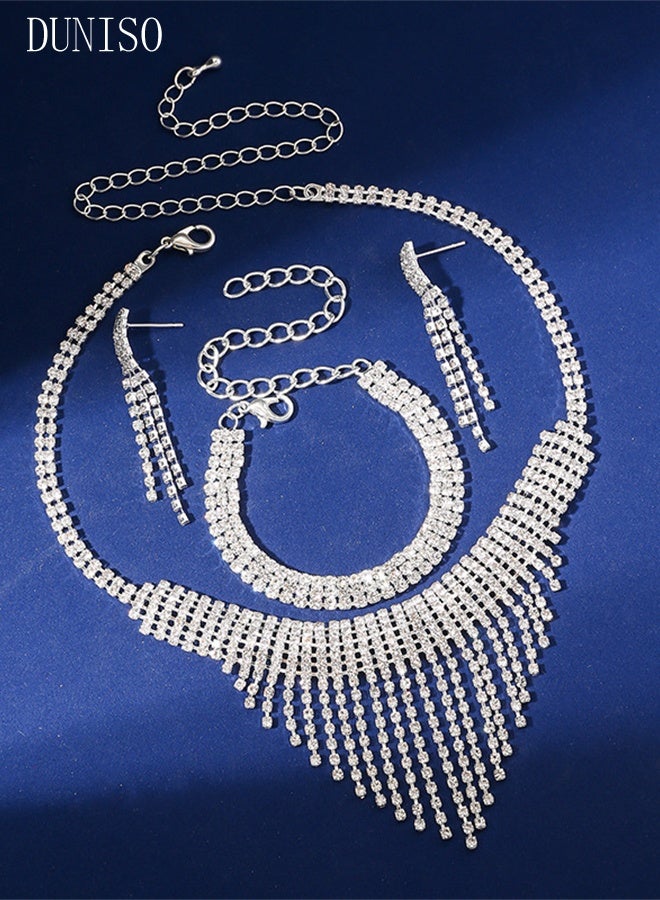 DUNISO 3Piece Jewelry Set With Necklace Bracelet and Earrings Full Diamond V Neck Necklace Crystal Earrings Wedding Bridal Bridesmaid Costume Jewelry Set for Women and Girls Dress Accessories - Image 3