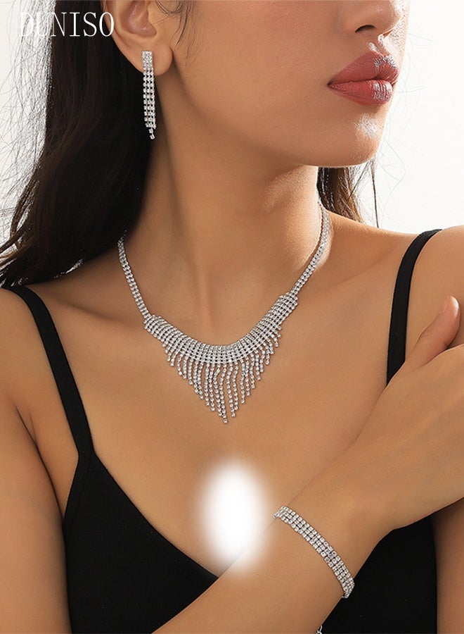 DUNISO 3Piece Jewelry Set With Necklace Bracelet and Earrings Full Diamond V Neck Necklace Crystal Earrings Wedding Bridal Bridesmaid Costume Jewelry Set for Women and Girls Dress Accessories - Image 2