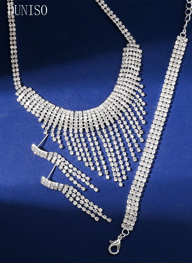 DUNISO 3Piece Jewelry Set With Necklace Bracelet and Earrings Full Diamond V Neck Necklace Crystal Earrings Wedding Bridal Bridesmaid Costume Jewelry Set for Women and Girls Dress Accessories - Image 4