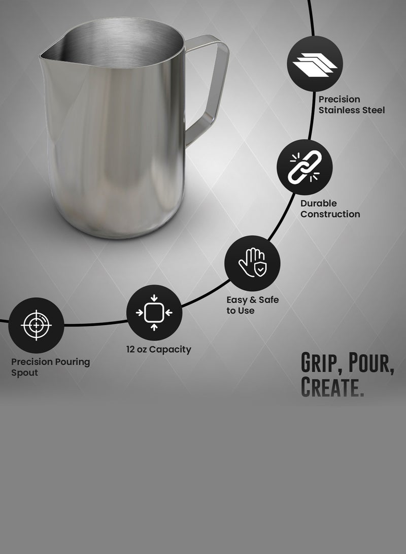 Rattleware Rattleware 350ml/12-Ounce Stainless Steel Macchiato Milk Frothing Pitcher – Barista Steam Jug for Espresso Machines Milk Frothers, Coffee, Cappuccino & Latte Art. Precise Pouring, Durable Handle, Ideal for Cafes & Home Use, Silver  - Image 4