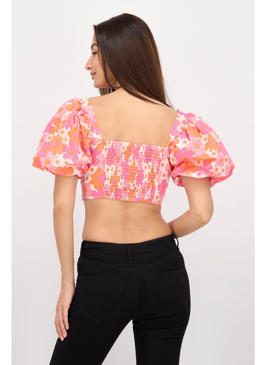 Collective The Label Women Sweet Heart Neck Short Sleeve Floral Print Top, Pink Combo  - Image 2