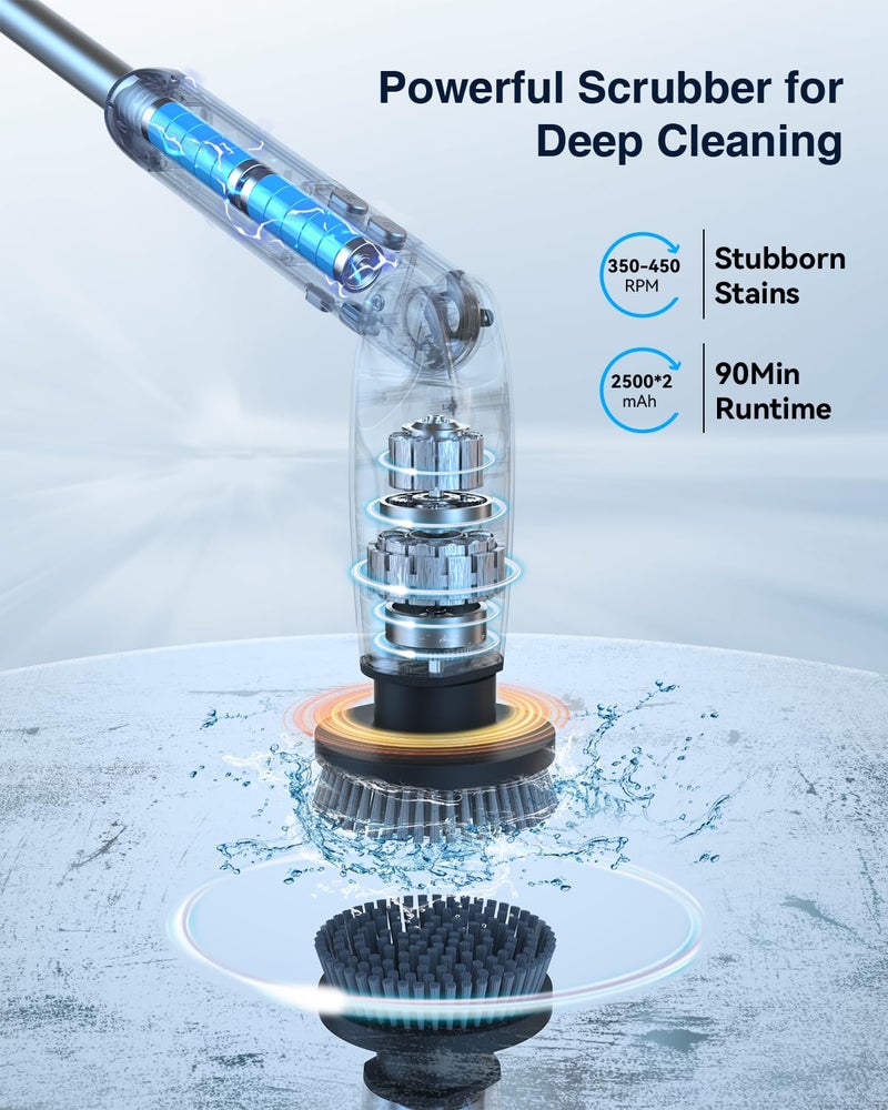 Leebein Electric Spin Scrubber, Shower Scrubber with 4 Adjustable Angles and 8 Brush Heads, Electric Scrubber with Long Handle & Remote Controller, Cleaning Brush for Bathroom, Tub, Floor (Black) - Image 3