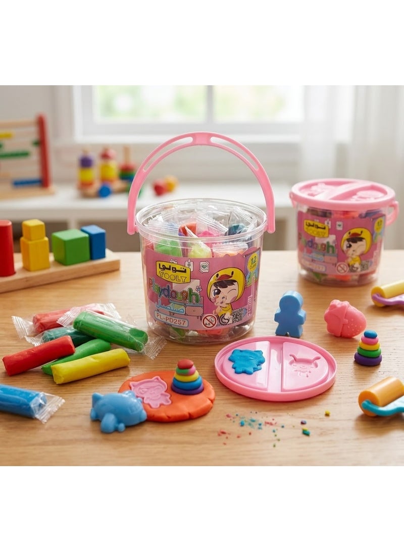TOOLY Play Dough Bucket Set with Dual-Pattern Mold Lid and 3D Shapes 12-Color - Image 3