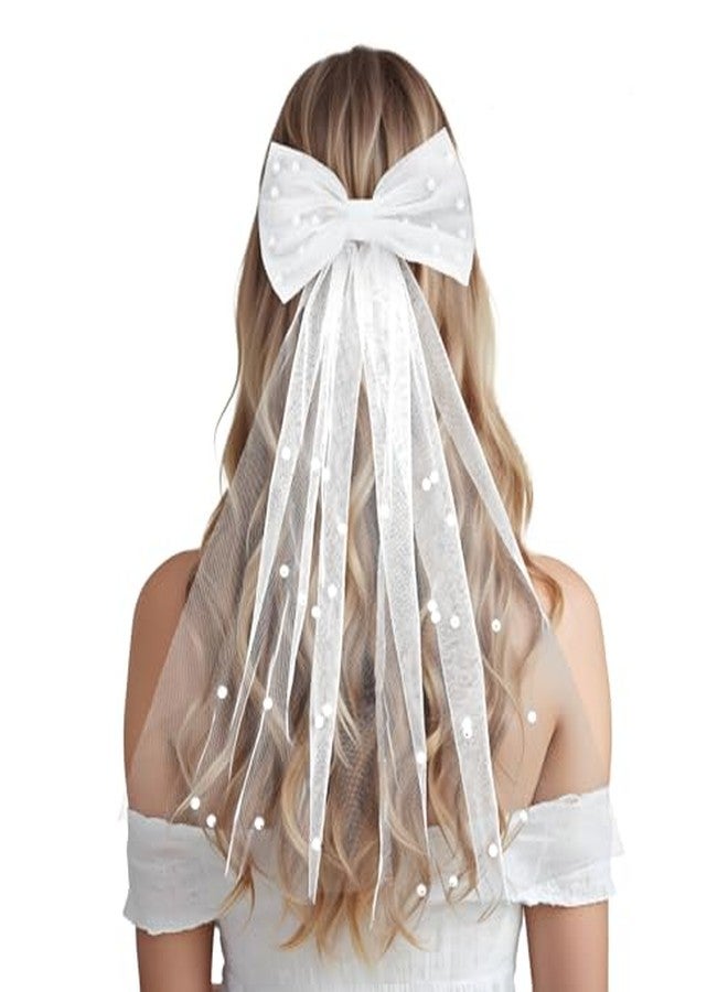 Cerun 1 PSC PremiumBridal Veil Bride Wedding Knot Veil White Pearl Hair Bow Veils Bachelorette Party with Barrette Tulle Bridal Short Veils Elegant Engagement Layer Hair Clip Accessories - Image 1