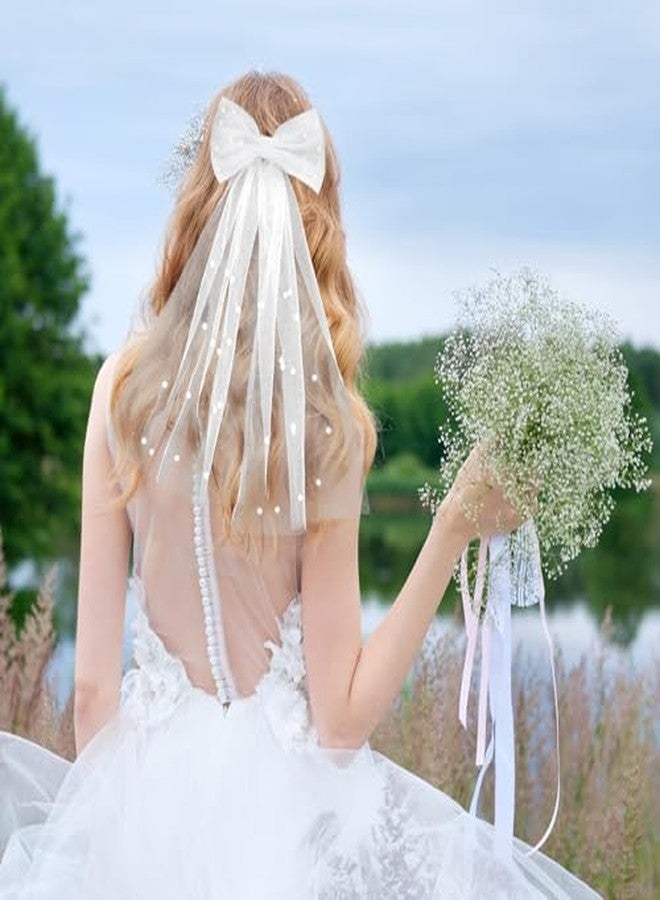 Cerun 1 PSC PremiumBridal Veil Bride Wedding Knot Veil White Pearl Hair Bow Veils Bachelorette Party with Barrette Tulle Bridal Short Veils Elegant Engagement Layer Hair Clip Accessories - Image 5