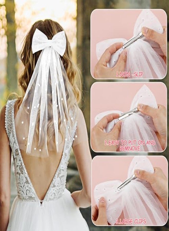 Cerun 1 PSC PremiumBridal Veil Bride Wedding Knot Veil White Pearl Hair Bow Veils Bachelorette Party with Barrette Tulle Bridal Short Veils Elegant Engagement Layer Hair Clip Accessories - Image 4