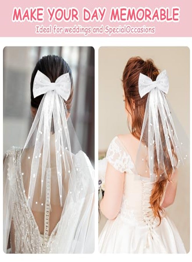 Cerun 1 PSC PremiumBridal Veil Bride Wedding Knot Veil White Pearl Hair Bow Veils Bachelorette Party with Barrette Tulle Bridal Short Veils Elegant Engagement Layer Hair Clip Accessories - Image 3