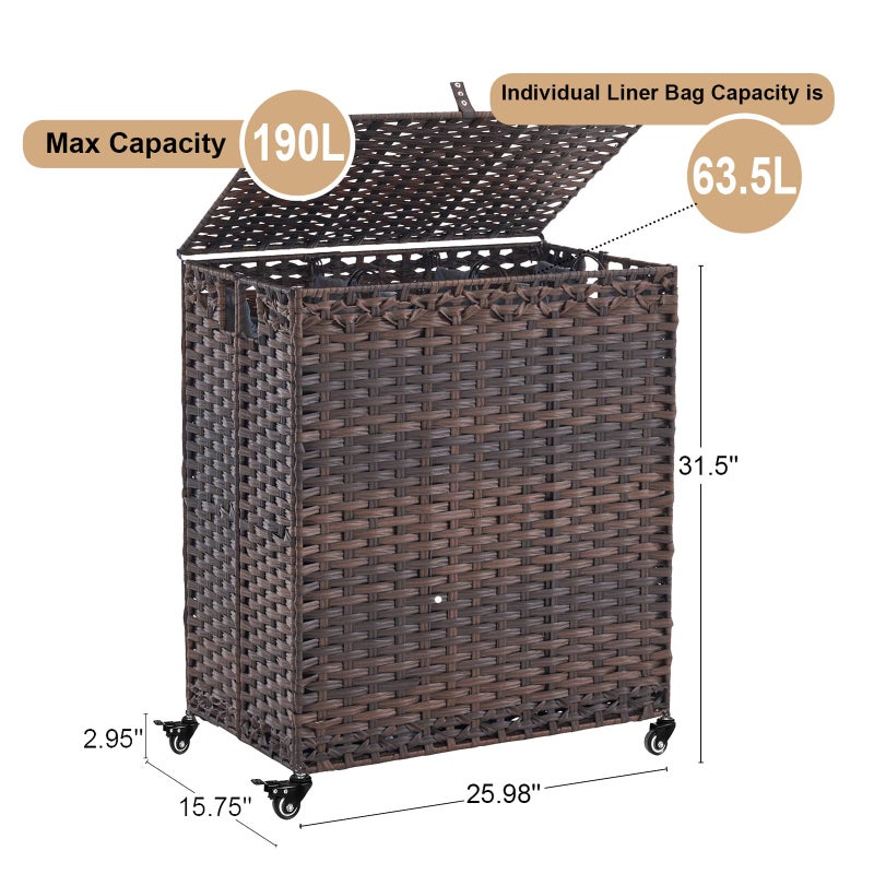 Hiagnete Laundry Hamper with Wheels&Lid, 50.2 Gallons(190L) Rolling Laundry Basket with Wheels, 3-Section Laundry Hamper, Handwoven Rattan Clothes Hamper with 6 Removable Liner& 3 Mesh Laundry Bags, Brown - Image 4