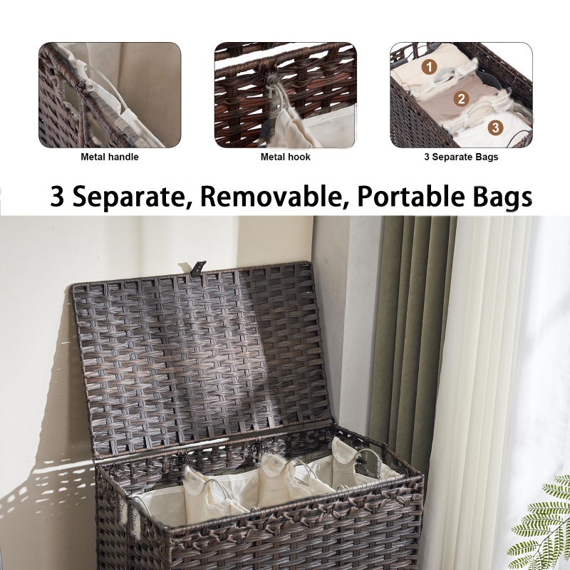 Hiagnete Laundry Hamper with Wheels&Lid, 50.2 Gallons(190L) Rolling Laundry Basket with Wheels, 3-Section Laundry Hamper, Handwoven Rattan Clothes Hamper with 6 Removable Liner& 3 Mesh Laundry Bags, Brown - Image 5