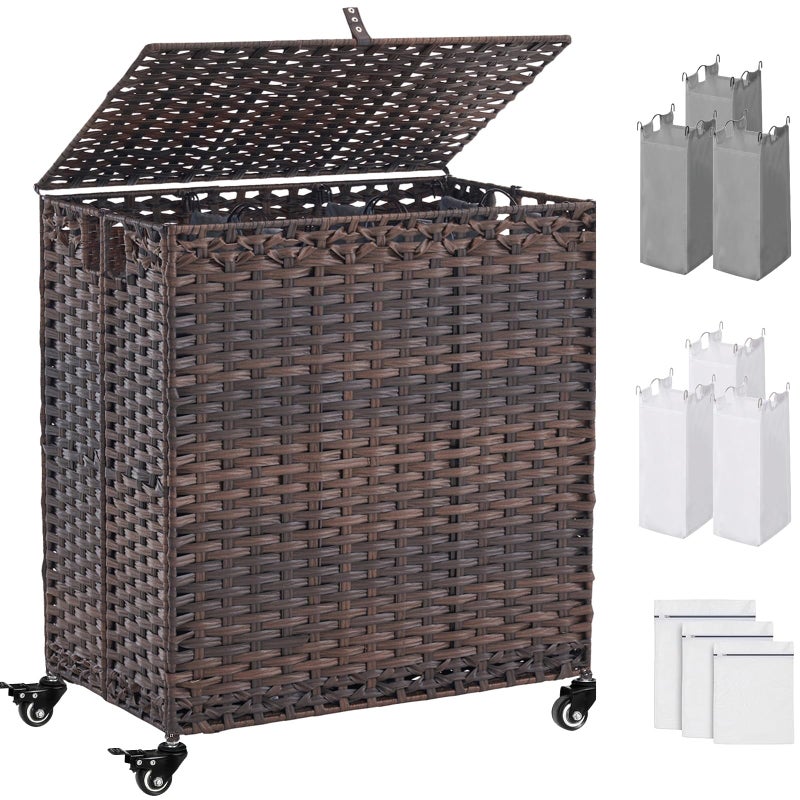 Hiagnete Laundry Hamper with Wheels&Lid, 50.2 Gallons(190L) Rolling Laundry Basket with Wheels, 3-Section Laundry Hamper, Handwoven Rattan Clothes Hamper with 6 Removable Liner& 3 Mesh Laundry Bags, Brown - Image 1