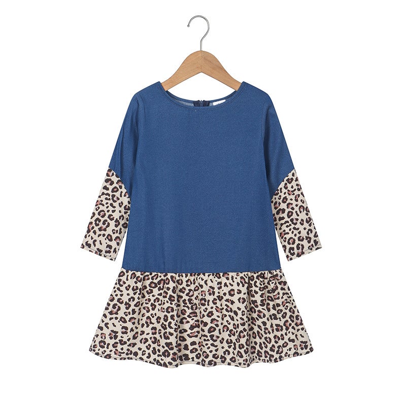 New Girls' Dresses Children'S Long Sleeve Denim Leopard Print Dresses Medium And Large Children'S Printed Children'S Dresses - Image 5