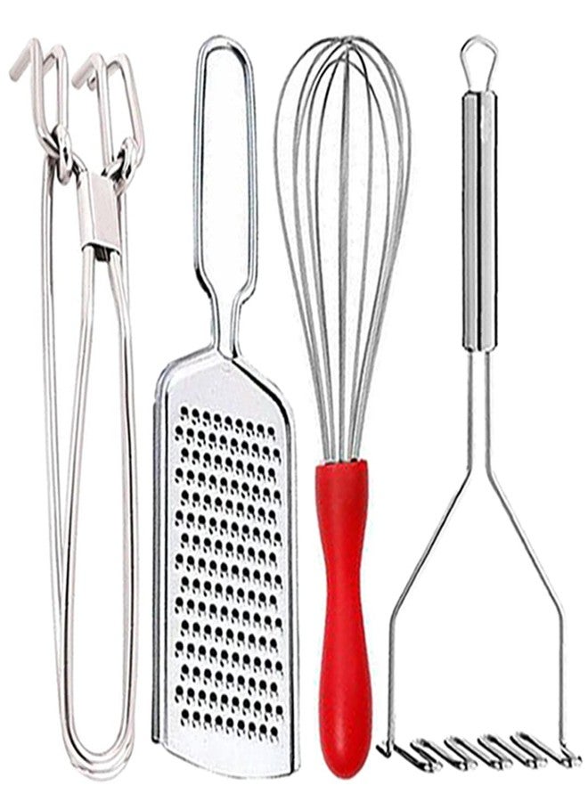 Oc9 Stainless Steel Utility Pakkad & Wire Grater & Egg Whisk & Potato Masher for Kitchen Tools Set (Design 35) - Image 1