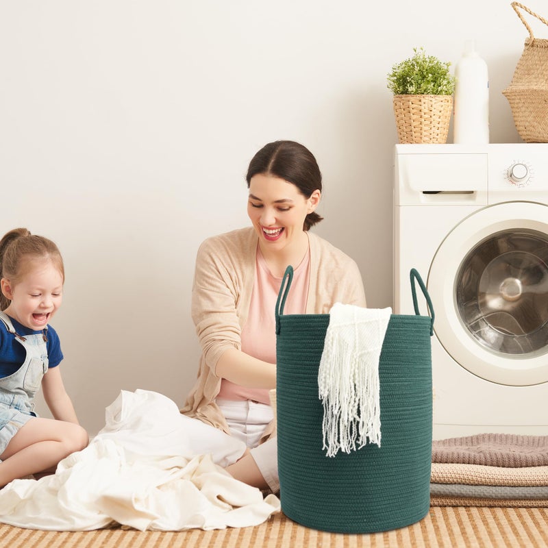 JUNBOLE Woven Cotton Rope Laundry basket-15â€X20â€ Laundry Hamper-Rope Storage Basket for Dirty Clothes, Toys and Blankets Perfect for Bathroom, Baby nursery and Living Room Storage (dark green) - Image 4