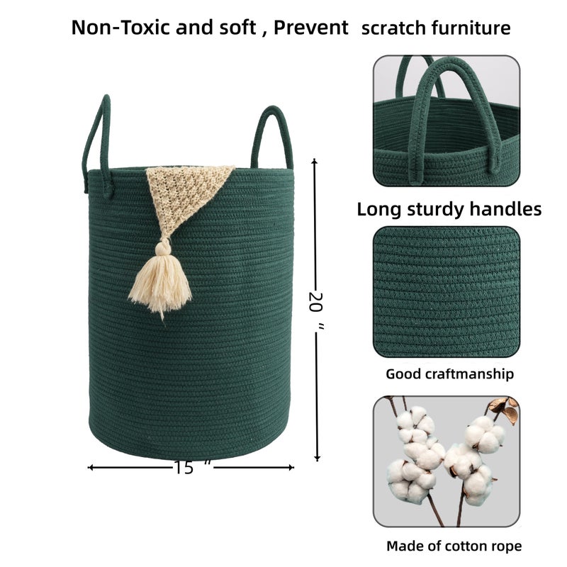 JUNBOLE Woven Cotton Rope Laundry basket-15â€X20â€ Laundry Hamper-Rope Storage Basket for Dirty Clothes, Toys and Blankets Perfect for Bathroom, Baby nursery and Living Room Storage (dark green) - Image 2