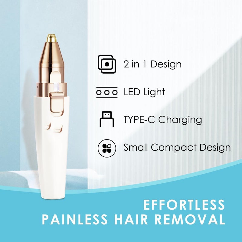 HYRAINBOW Eyebrow Facial Trimmer: 2 in1 Rechargeable Facial Hair Removal and Eyebrow Shaver - Face Lips Body Painless Facial Razor with Built-in LED Light (White) - Image 2