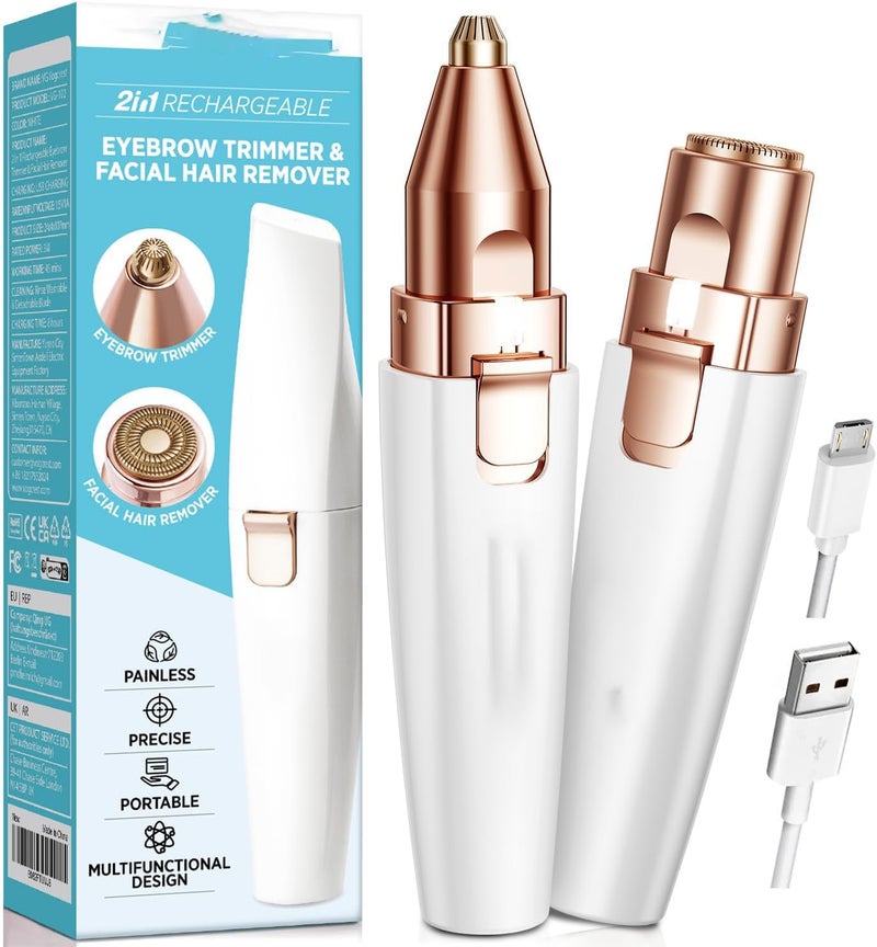 HYRAINBOW Eyebrow Facial Trimmer: 2 in1 Rechargeable Facial Hair Removal and Eyebrow Shaver - Face Lips Body Painless Facial Razor with Built-in LED Light (White) - Image 1