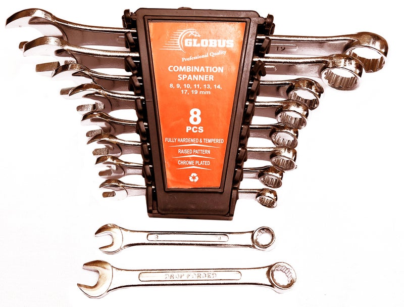 GLOBUS Combination Spanner Set (Tools Set of 8 / 8mm-19mm) Chrome Mirror Finish (Raised Panel) in Plastic rake kit with Lock - Image 1