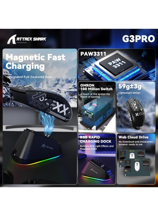 Attack Shark G3PRO Wireless Gaming Mouse with RGB Charging Dock,2.4G/USB-C Wired/BT PAW3311 Optical Sensor 1K Polling Rate Adjustable 25K DPI,500mAh Battery Ultra Lightweight 59g Mice - Image 5