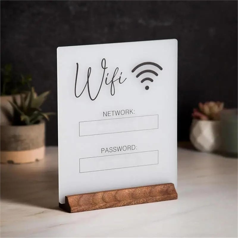 Stable 2pcs Acrylic WiFi Sign WiFi Board With Wooden Base Office Home Guest Room Network And Password Display Stand For Coffee Table Counter(White) - Image 3