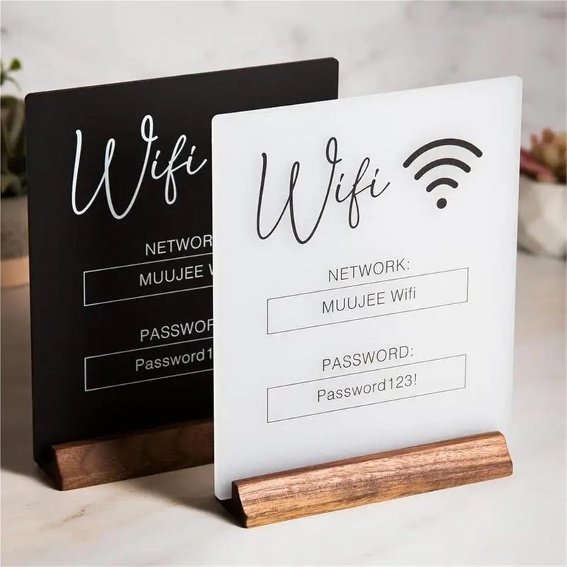 Stable 2pcs Acrylic WiFi Sign WiFi Board With Wooden Base Office Home Guest Room Network And Password Display Stand For Coffee Table Counter(White) - Image 4