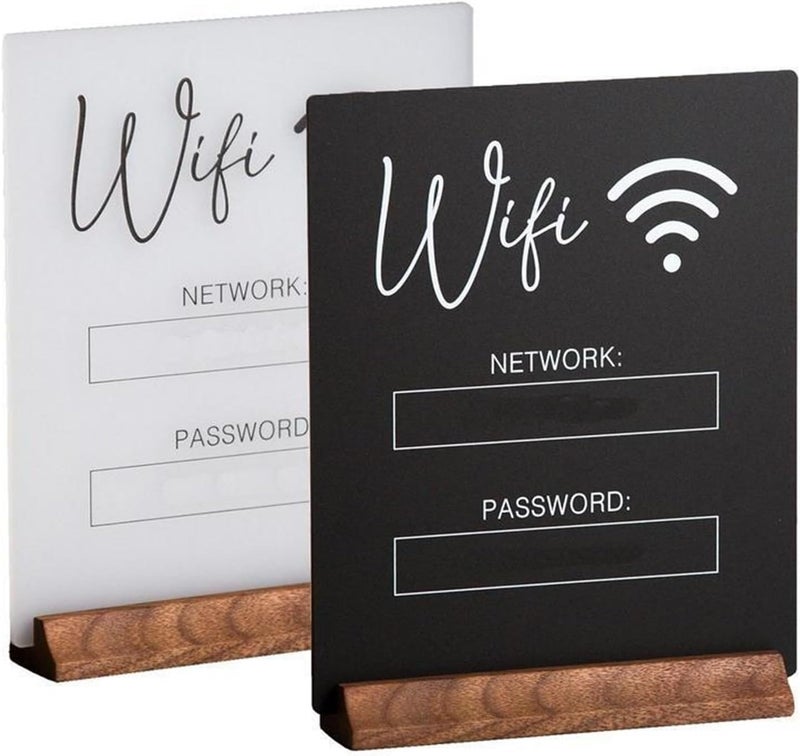 Stable 2pcs Acrylic WiFi Sign WiFi Board With Wooden Base Office Home Guest Room Network And Password Display Stand For Coffee Table Counter(White) - Image 5
