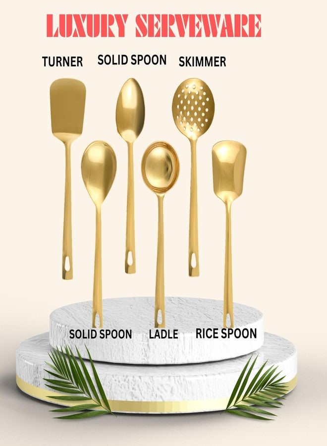 ROSTON Serving Spoon Golden Set of 6 Stainless Steel Multipurpose for Kitchen Chamcha for Kitchen, 25 cm - Image 2