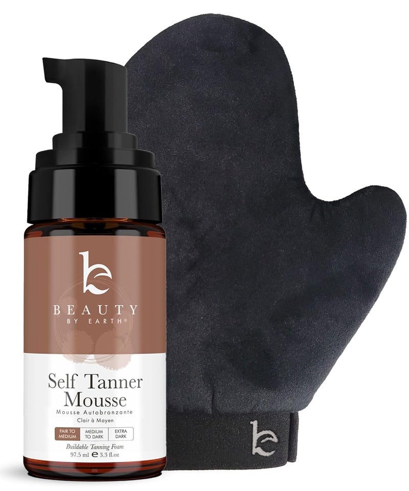 Beauty by Earth Self Tanner Tanning Mousse Kit  USA Made with Natural  Organic Ingredients Self Tanner Mousse and Mitt Tan Kit Fake Tan Tanning Foam Fair to Medium Sunless Tanners Best Sellers