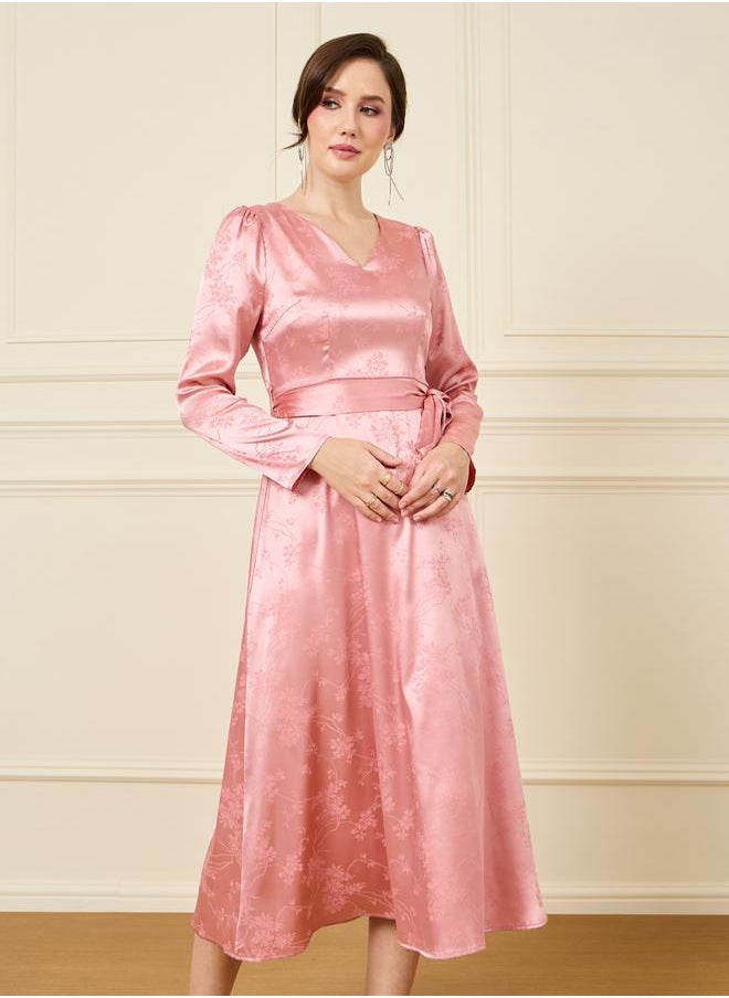 Styli - V Neck Tie Up Belt Detail Midi Dress - Image 1