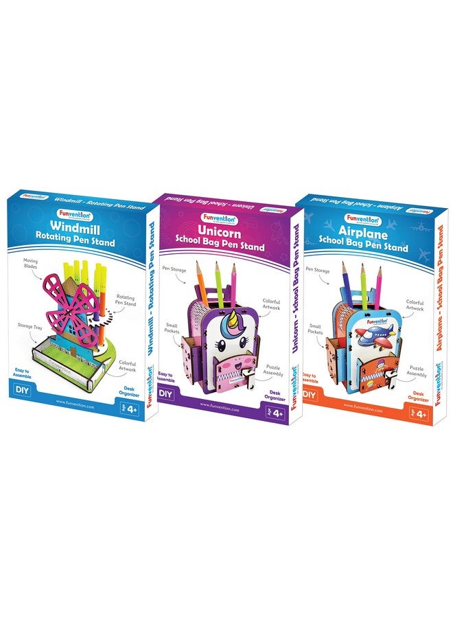 فنفينشين مجموعة من 3 قطع من فن فيجن (طاحونة هوائية + وحيد القرن + طائرة) حامل أقلام اصنعه بنفسك، منظم للمكتب، هدايا عيد ميلاد للأطفال من سن 4 سنوات فما فوق، ألغاز ثلاثية الأبعاد، فنون وحرف يدوية - Image 1