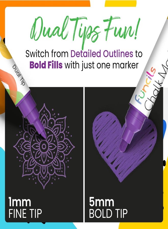 Funcils Dual Tip Liquid Chalk Markers for Blackboard (10 Pack, 1mm+5mm Fine, Bold) - Dry Erase Marker Pens for Chalkboards Signs, Car Windows, Glass, Mirrors - Erasable Chalkboard Markers - Image 2
