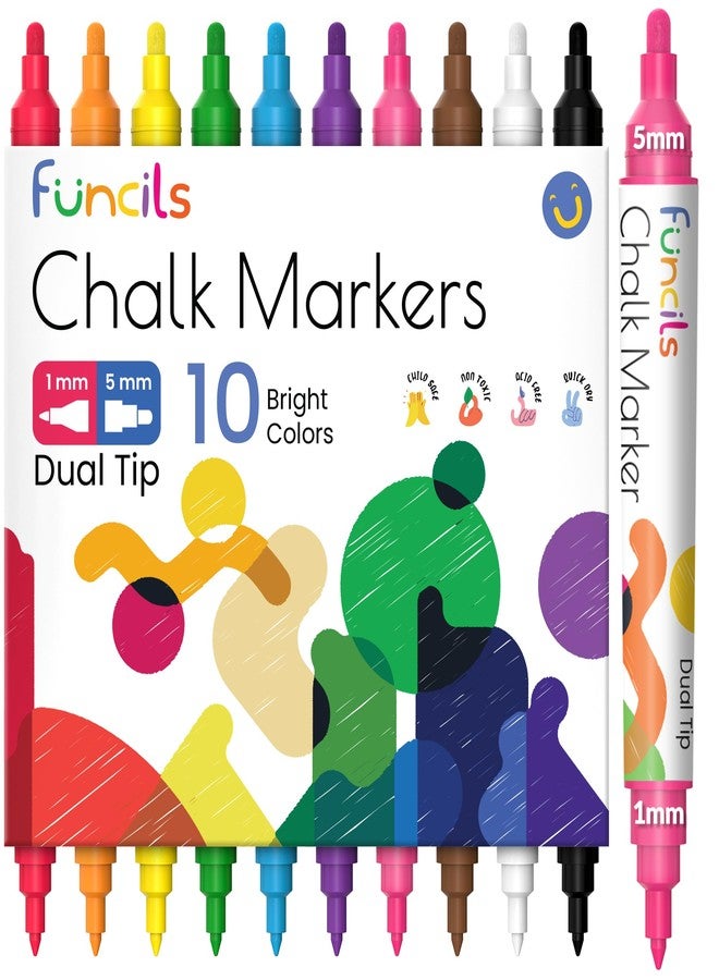 Funcils Dual Tip Liquid Chalk Markers for Blackboard (10 Pack, 1mm+5mm Fine, Bold) - Dry Erase Marker Pens for Chalkboards Signs, Car Windows, Glass, Mirrors - Erasable Chalkboard Markers - Image 1