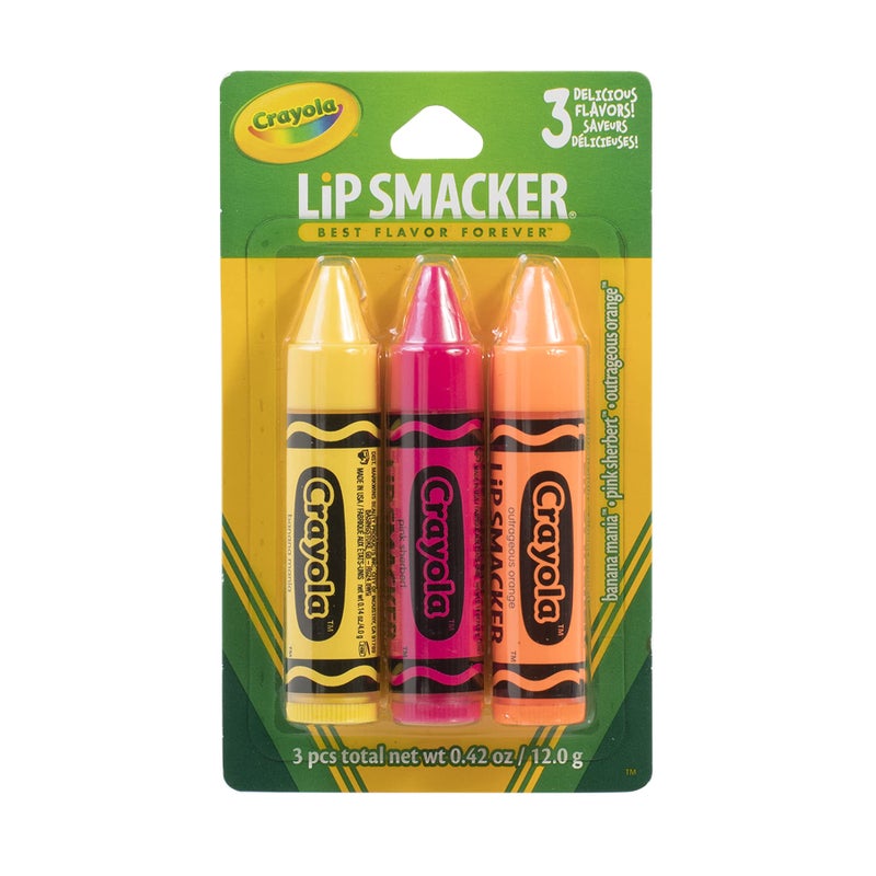 Lip Smacker Crayola Crayon Flavored Lip Balm Moisturizing Soothing Trio Banana Mania Pink Sherbert Outrageous Orange