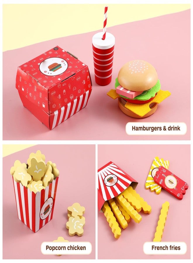 TOYANDONA Wooden Fast Food Burger Fries Deluxe Dinner Set, Kitchen Pretend Play Accessories Toy, Realistic Burger Fries Pretend Play Food Set Toy House Props Educational - Image 3